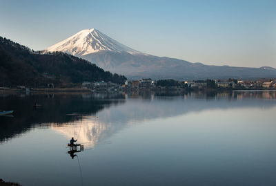 Scenic view of lake by mountains against sky