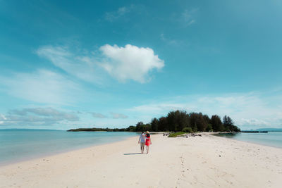 Rear view of couple walking at beach against sky