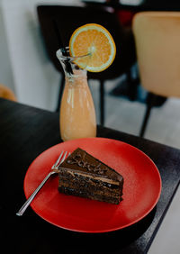 Close-up of cake served on table