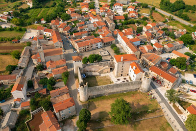 High angle view of buildings in city