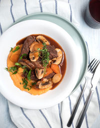 High angle view of soup in bowl on table