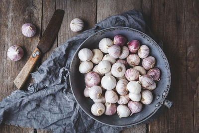 High angle view of eggs in bowl on table