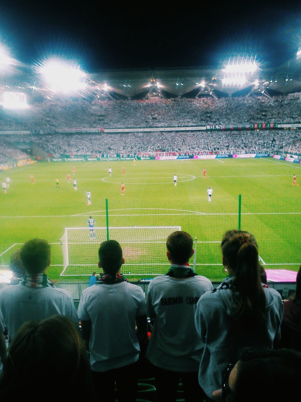 men, large group of people, illuminated, leisure activity, lifestyles, person, night, crowd, rear view, arts culture and entertainment, green color, togetherness, watching, spectator, sport, grass, popular music concert, stadium