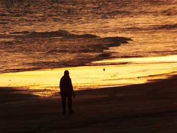 Rear view of silhouette man walking on beach