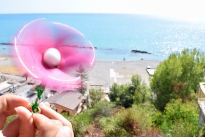 Close-up of woman holding pink flower at beach against sky