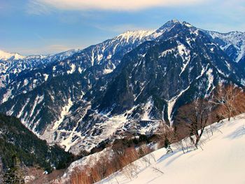 Scenic view of snowcapped mountains against sky