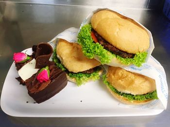 Close-up of burger in plate on table