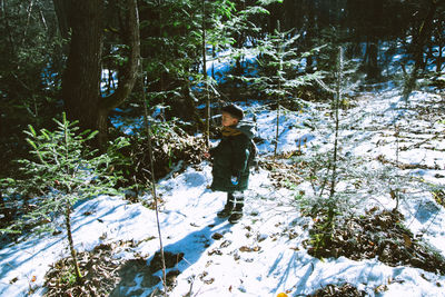 Boy standing by tree in forest during winter