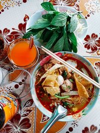 High angle view of breakfast served on table