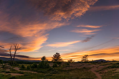 Scenic view of landscape against cloudy sky at sunset