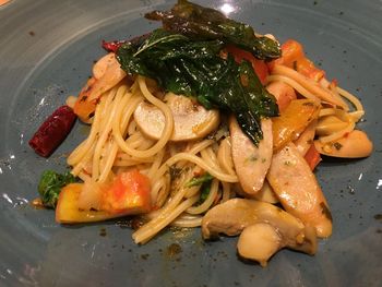 High angle view of vegetables in plate on table