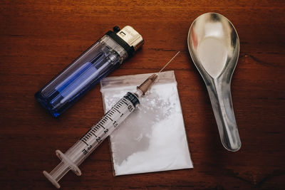 High angle view of objects on table