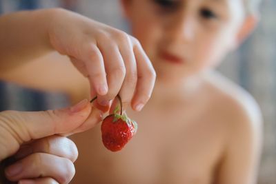 Cropped image of mother giving strawberry to son