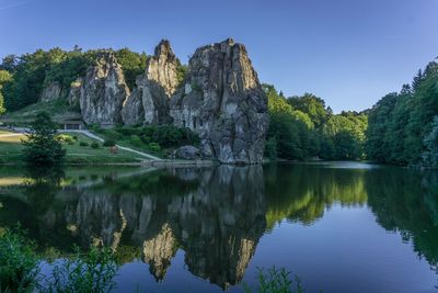 Scenic view of lake by trees against clear sky