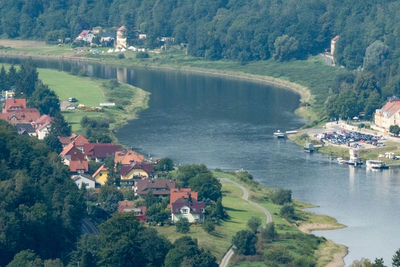 High angle view of houses and buildings in town