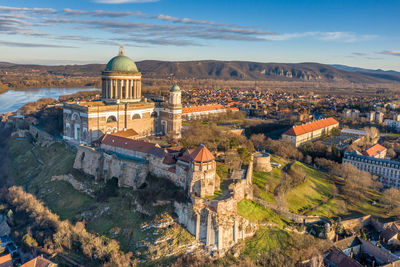 Hungary - historical basilica of esztergom near danube river from drone view