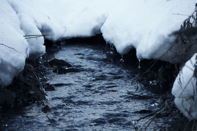 Frozen river flowing through rocks