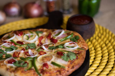 Close-up of pizza on table