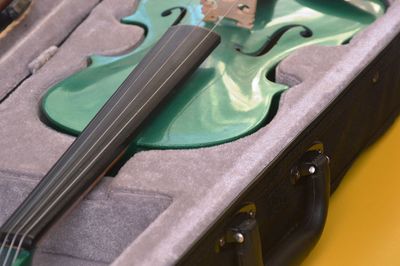 High angle view of violin on table