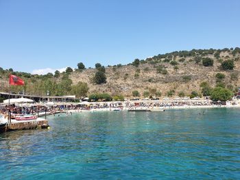 Scenic view of sea against clear blue sky