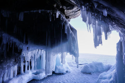 Panoramic view of icicles on snow covered landscape