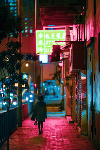 Rear view of woman walking on street amidst illuminated buildings at night