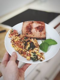 High angle view of person holding food on plate