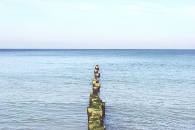 Wooden posts in sea against clear sky