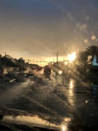 Cars on wet street in city during sunset