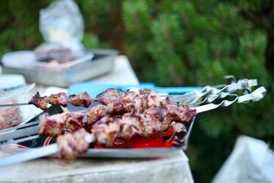 Close-up of meat on barbecue grill