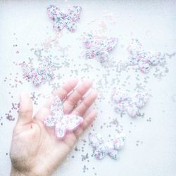 High angle view of pink flowers on hand