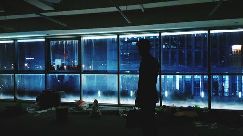 Rear view of silhouette man standing in aquarium