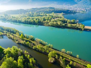 High angle view of lake and trees