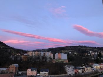 Townscape against sky at sunset