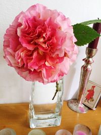 Close-up of pink rose on table