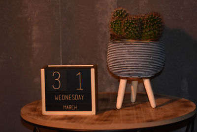 Close-up of potted plant on table against wall