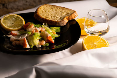 High angle view of breakfast served on table