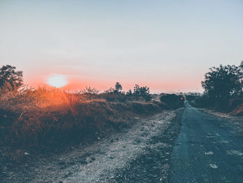 Road amidst trees against sky during sunset