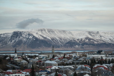 Aerial view of snowcapped mountains against sky