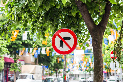 Road sign against trees