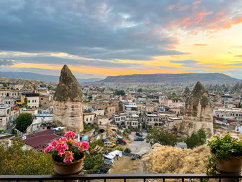 High angle view of townscape against sky during sunset