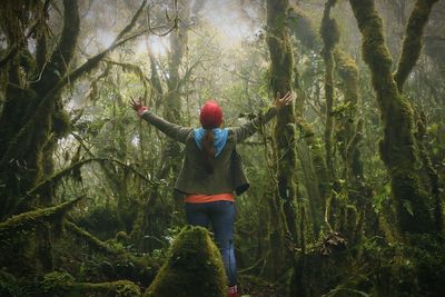 Rear view of woman standing in forest