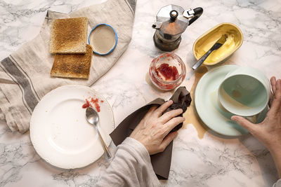 High angle view of breakfast on table