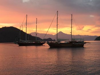 Sailboat in sea at sunset