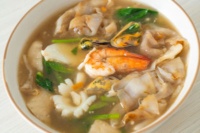 High angle view of soup in bowl on table