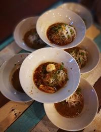 High angle view of soup in bowl on table