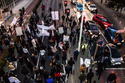 High angle view of people on city street