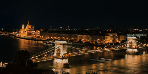 Aerial view of illuminated bridge over river at night