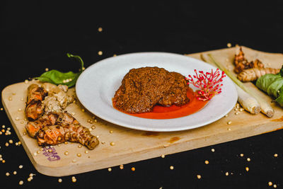 High angle view of food served on table