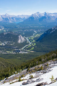 Beautiful landscape with rocky mountains, river and forest on a sunny day. aerial view at banff 